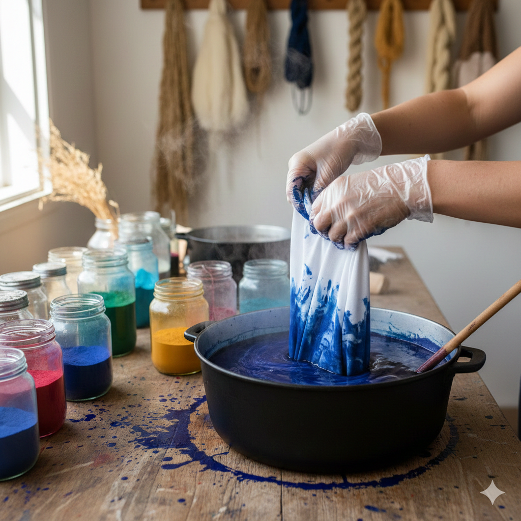 persona con guantes tiñendo una prenda con anilina en una recipiente